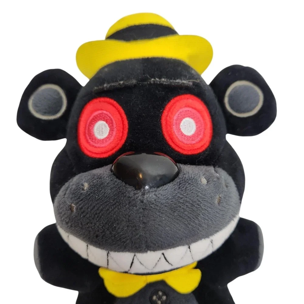 VNKVTL FNAF Black Monster Bear Plush Small Yellow Bow Tie Hat Stuffed Animal Toy